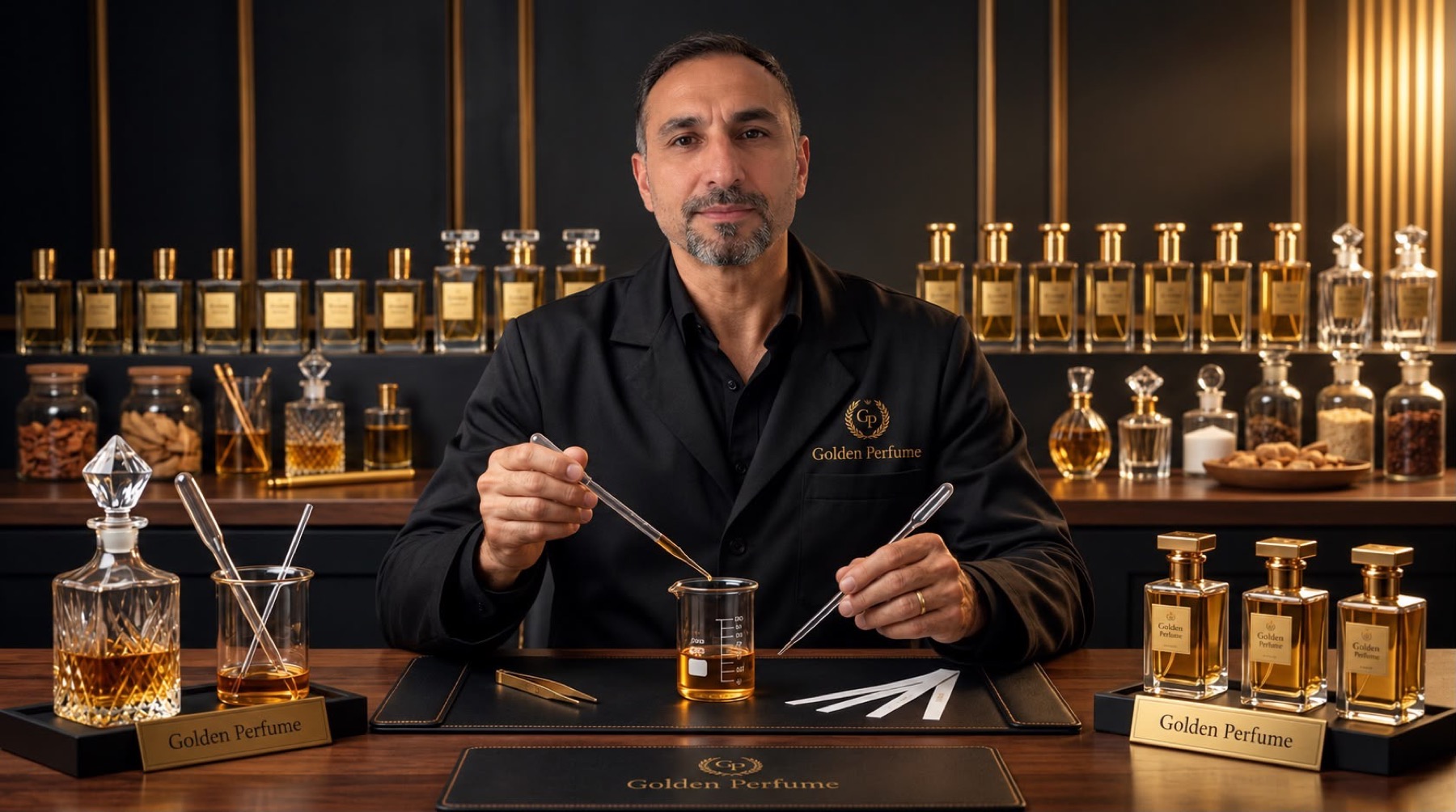 Golden Perfume master perfumer hand-blending a fragrance in the studio